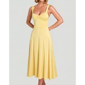 knee length dresses for ladies Oh Polly Sloane Split Plunge Neck Maxi Dress in Lemon Sherbet-Yellow